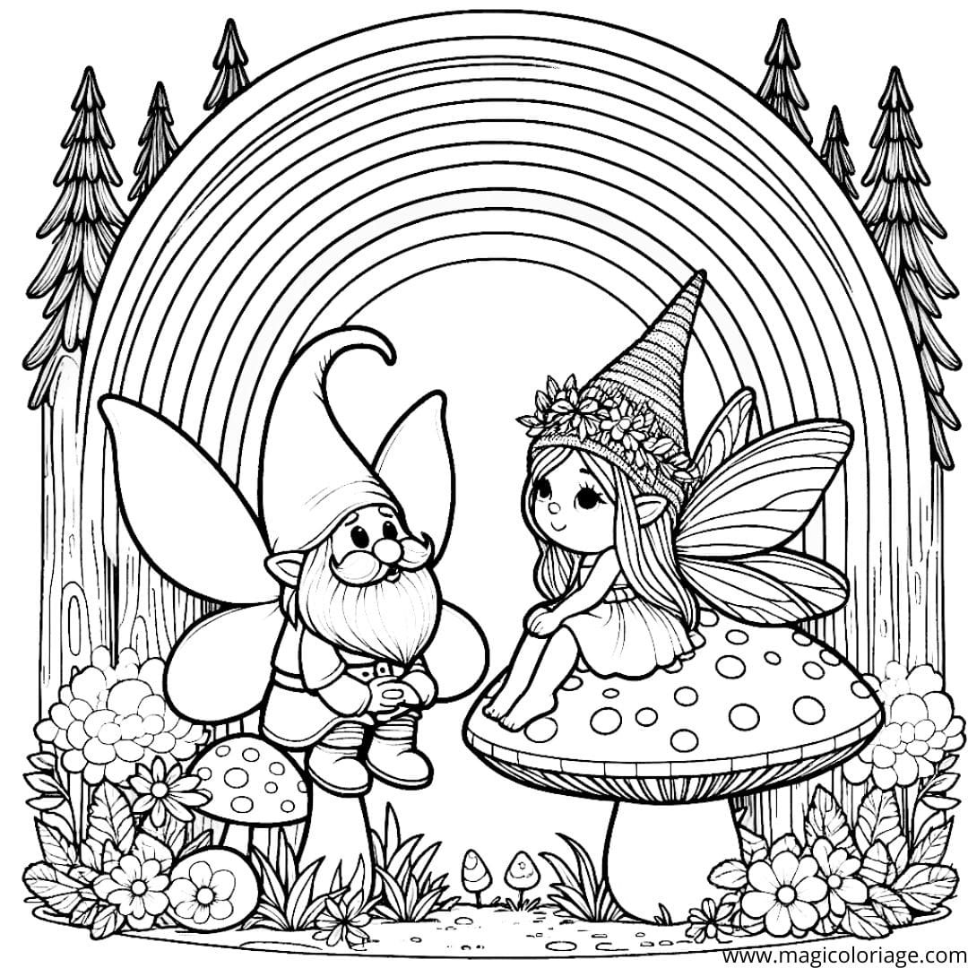 Image à colorier d'un gnome et d'une fée sur un champignon sous un arc-en-ciel, parfaite pour les jeunes imaginatifs.