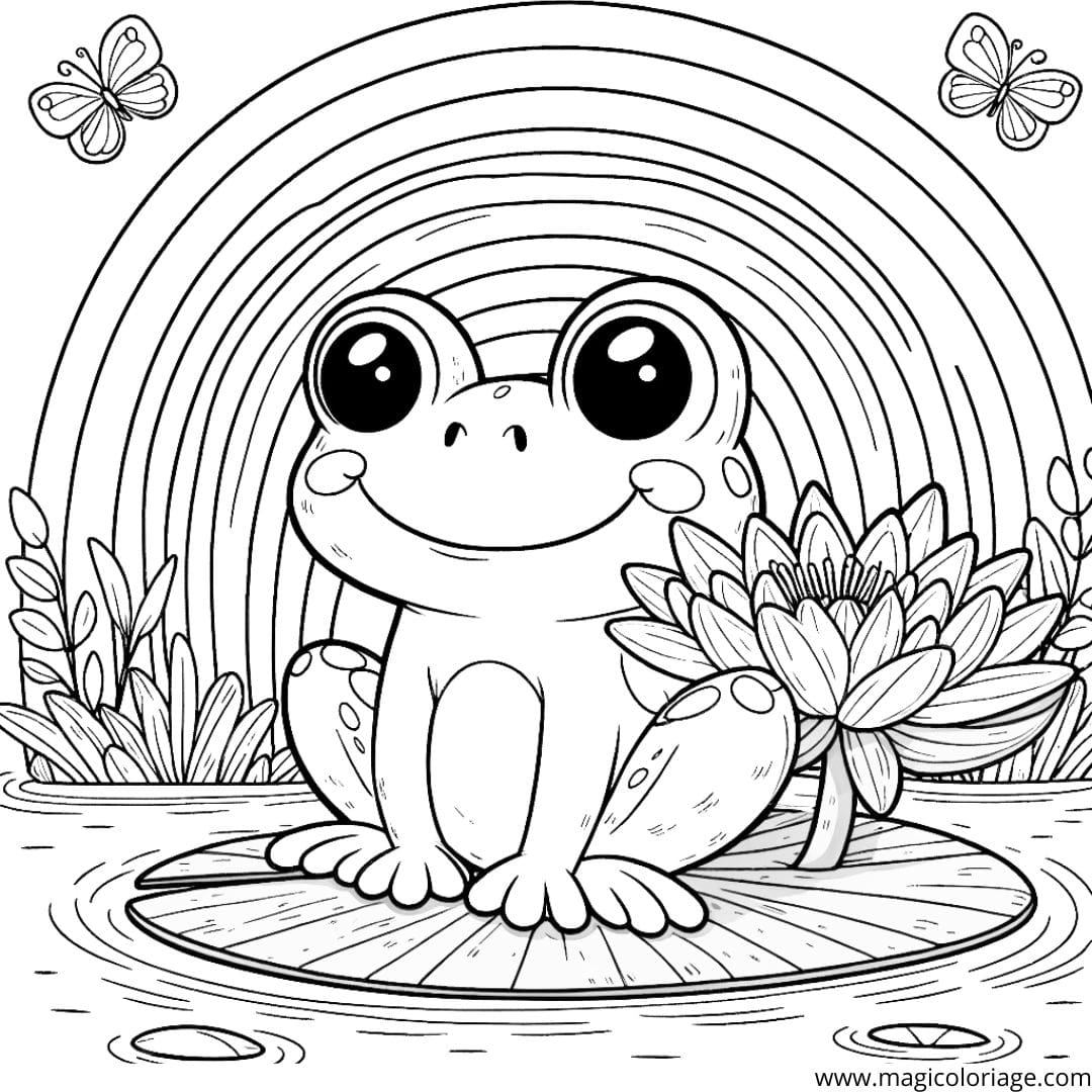 Image à colorier d'une grenouille souriante sur un nénuphar sous un arc-en-ciel.