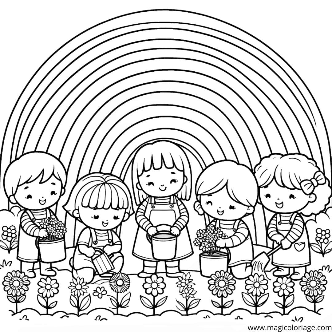 Image à colorier d'enfants plantant un jardin arc-en-ciel, idéale pour les jeunes jardiniers en herbe.