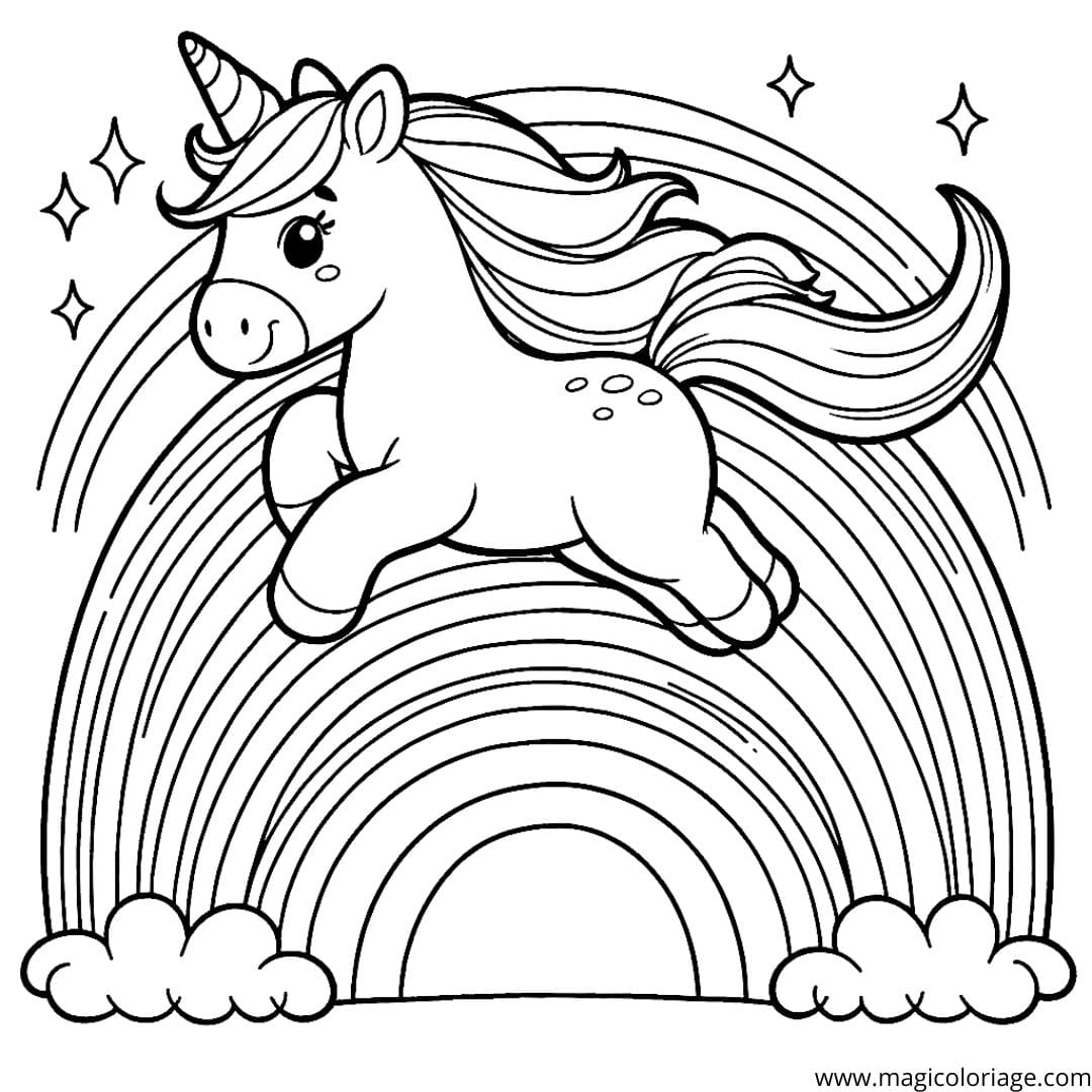 Image à colorier d'une licorne joyeuse sautant par-dessus un arc-en-ciel.