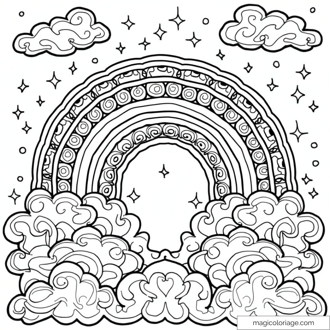 Dessin de nuages et arc-en-ciel magiques parmi les étoiles.