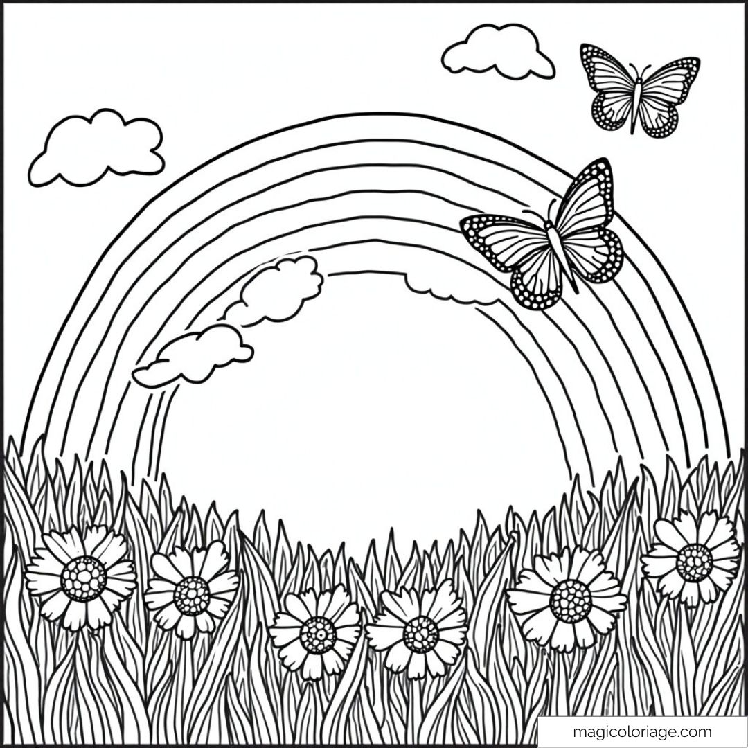 Coloriage de papillons et arc-en-ciel avec fleurs et nuages