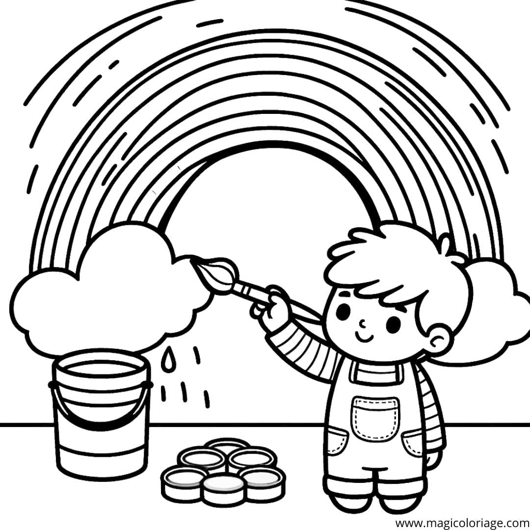 Image à colorier d'un petit garçon peignant un arc-en-ciel, parfait pour les jeunes artistes en herbe.