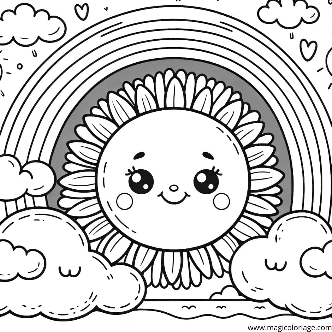 Image à colorier d'un soleil souriant avec un grand arc-en-ciel, idéal pour les jeunes enfants.