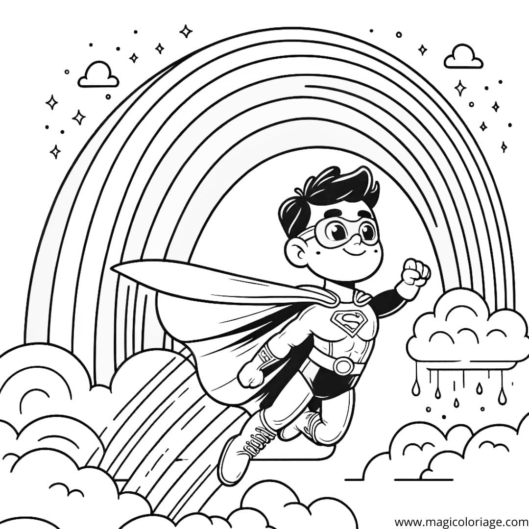 Image à colorier d'un super-héros volant sous un arc-en-ciel, idéal pour les jeunes rêveurs de grandes aventures.