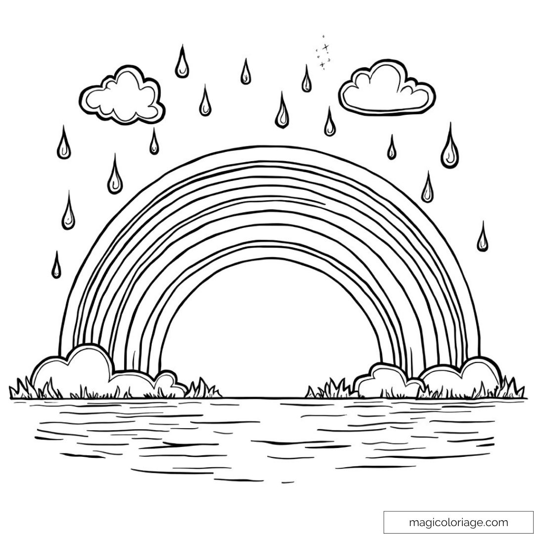 Arc-en-ciel sous la pluie avec nuages et gouttes à colorier.