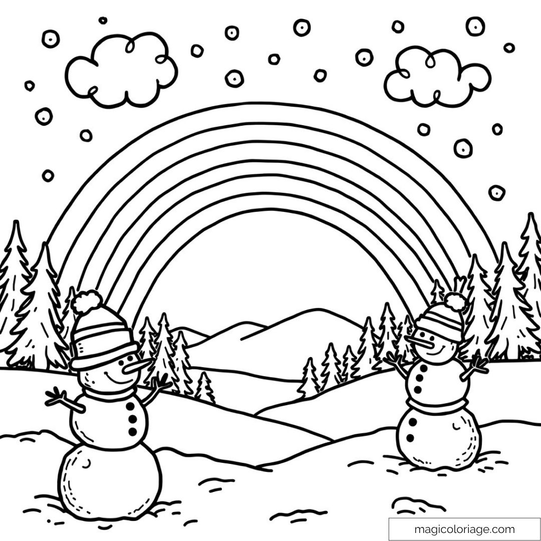 Bonhommes de neige et arc-en-ciel enneigé à colorier