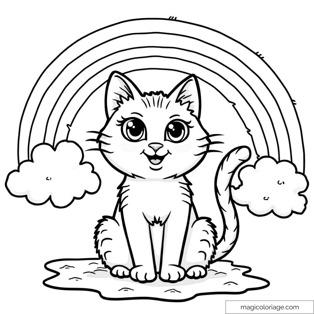 Dessin de chat mignon avec arc-en-ciel pour coloriage enfants