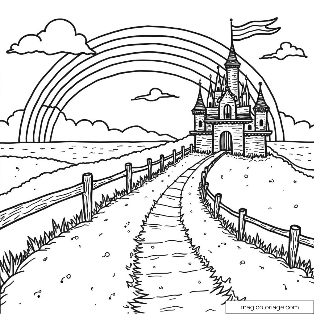 Château de conte de fées avec arc-en-ciel et chemin.
