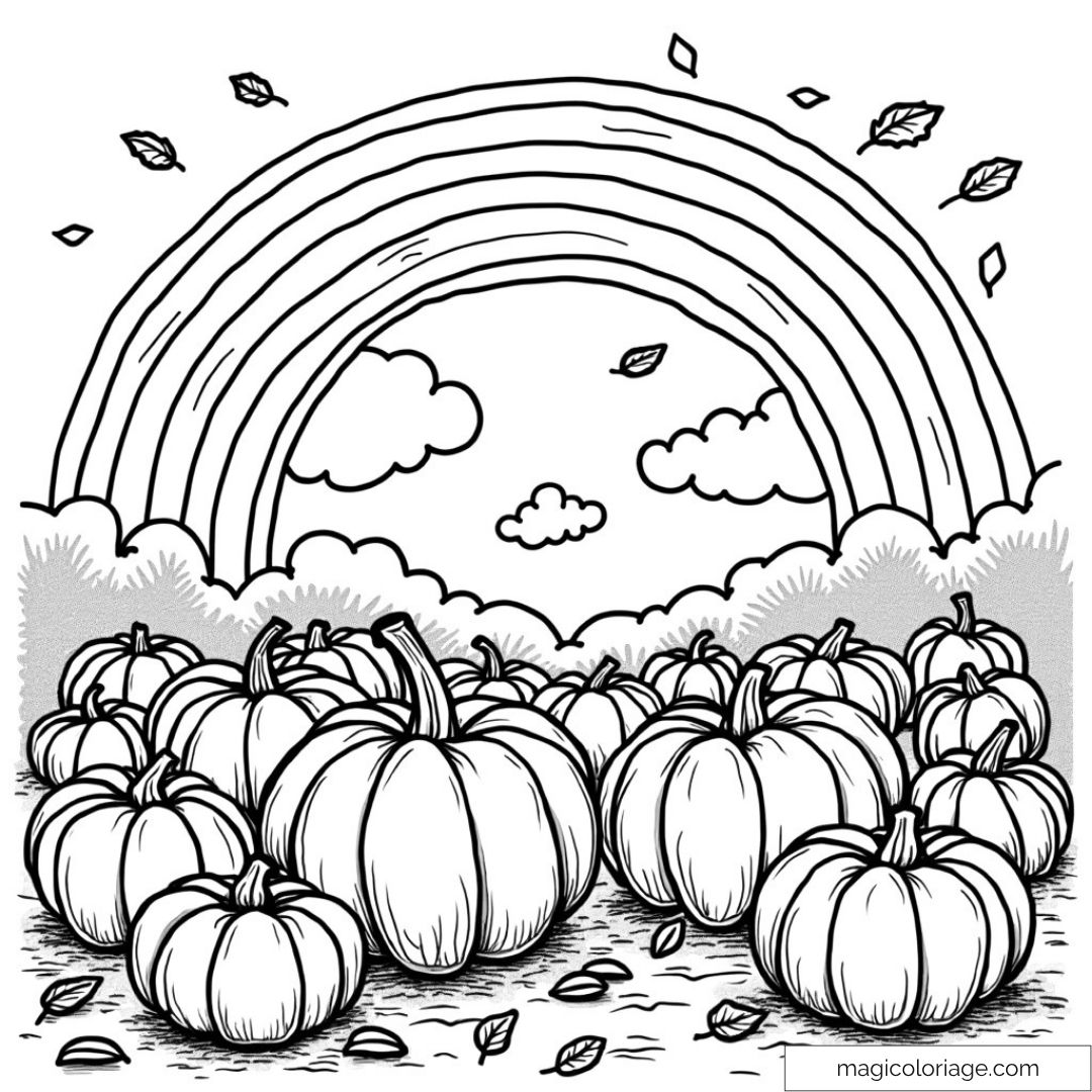 Dessin de citrouilles avec arc-en-ciel et feuilles tombantes