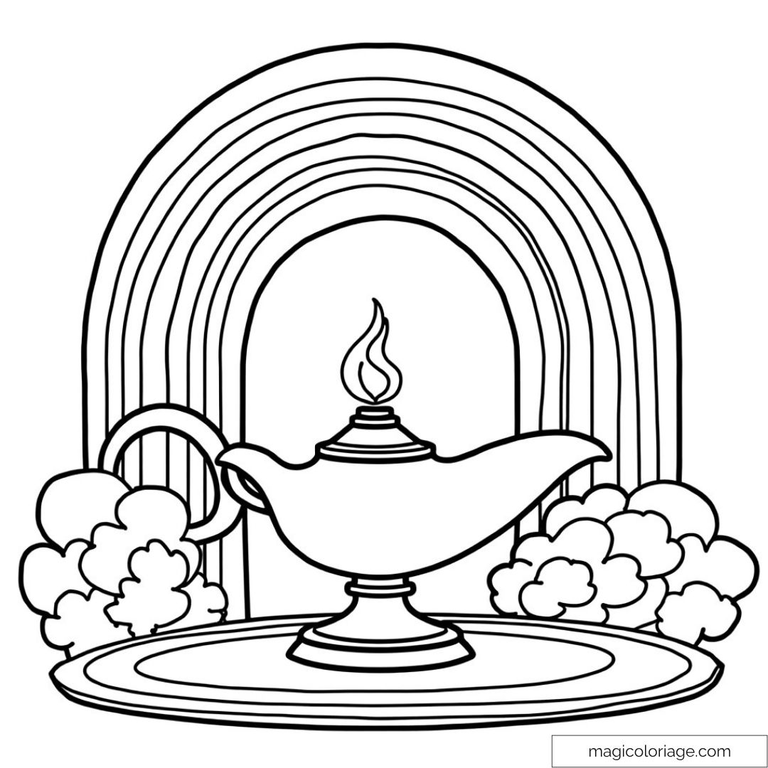 Dessin de lampe magique avec arc-en-ciel et nuages à colorier.