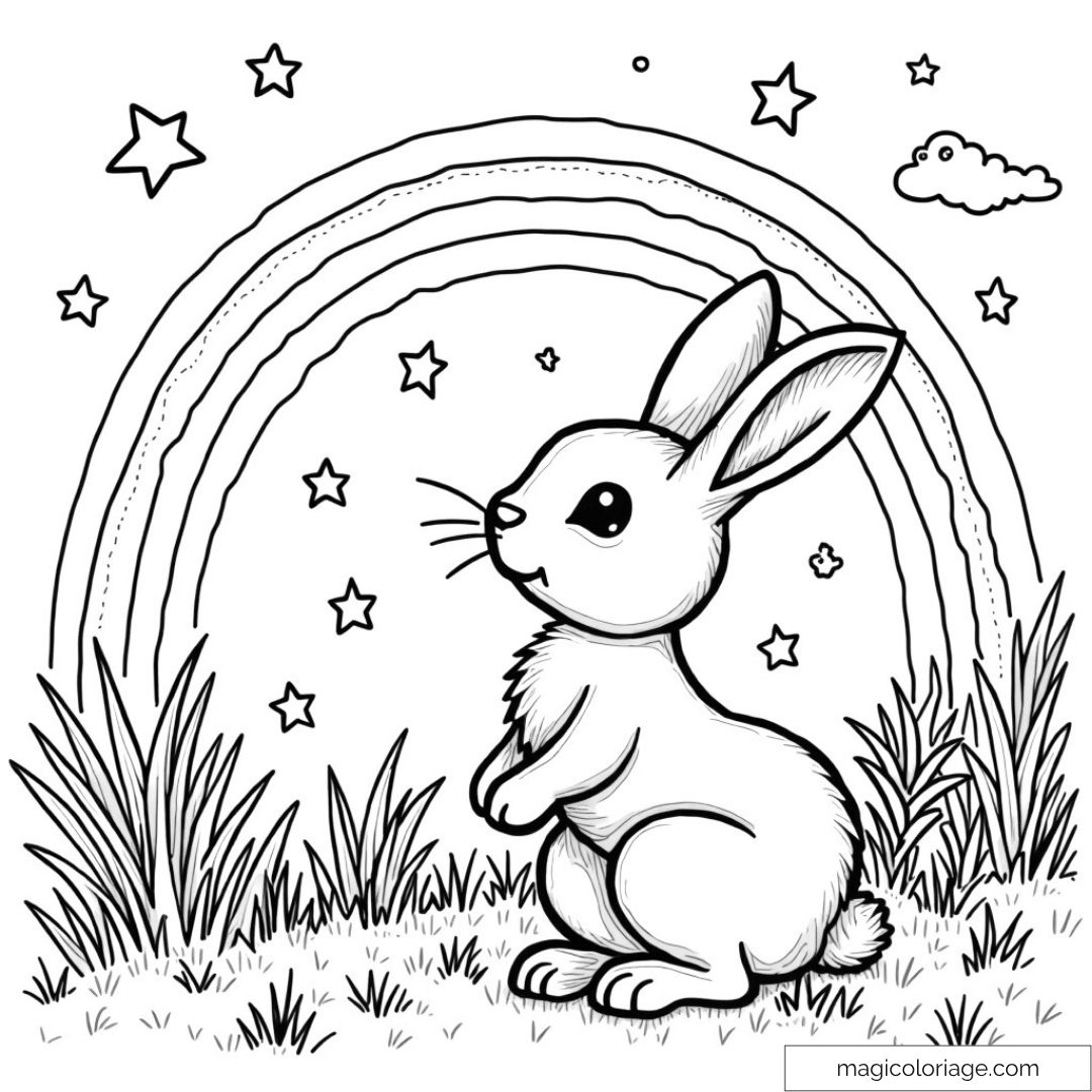 Lapin assis dans un champ avec arc-en-ciel et étoiles