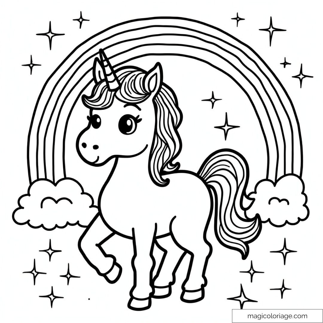 Dessin de licorne avec arc-en-ciel et étoiles scintillantes