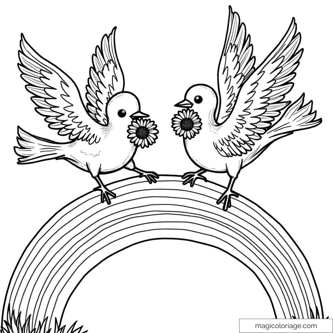 Dessin d'oiseaux avec fleurs sur arc-en-ciel à colorier