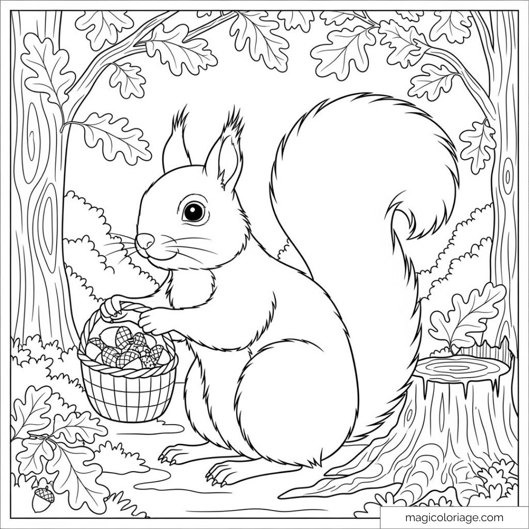 Écureuil mignon avec panier rempli de noisettes dans une forêt.