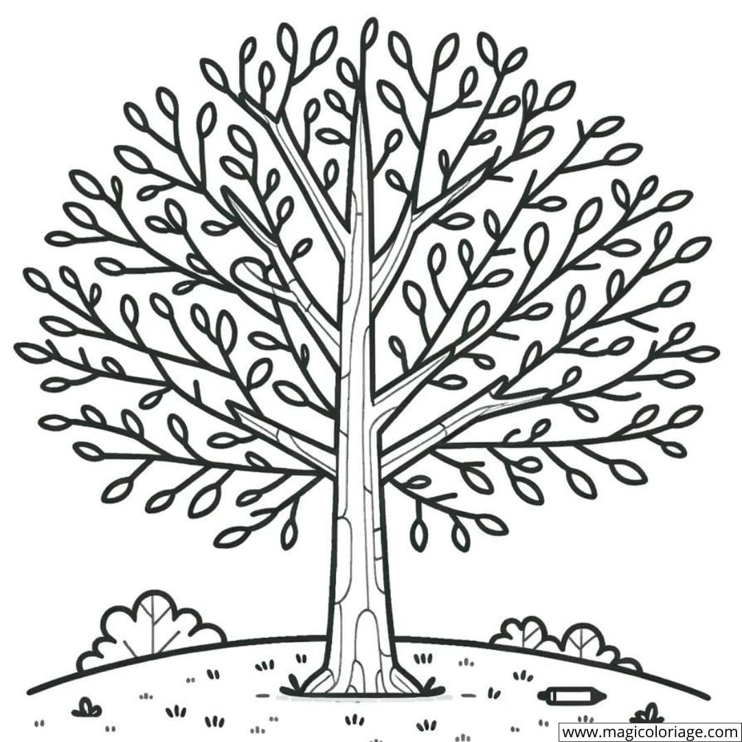 Dessin à colorier d'un arbre d'automne pour enfants.