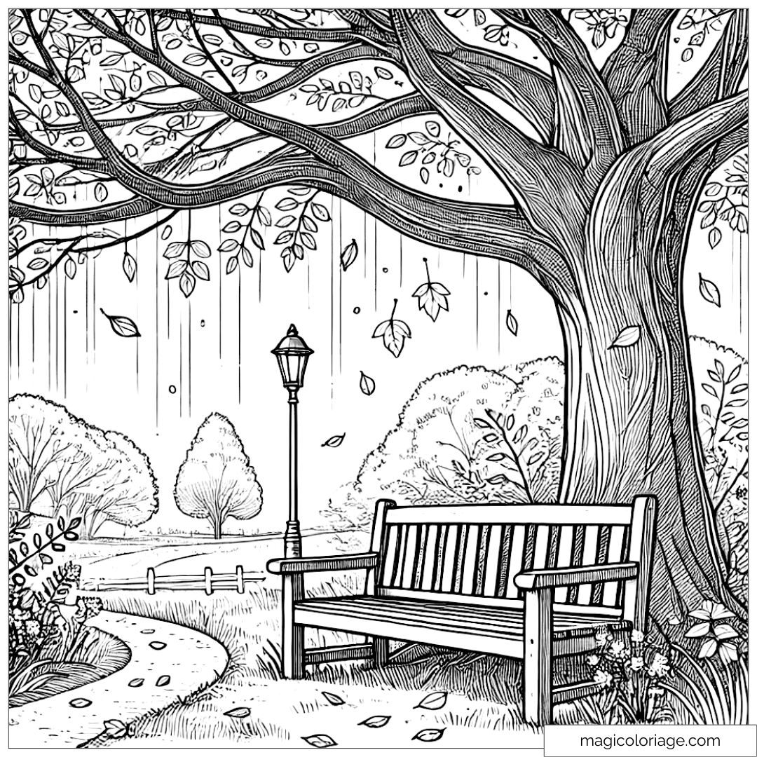Coloriage banc sous un arbre en automne, avec des feuilles tombant doucement.