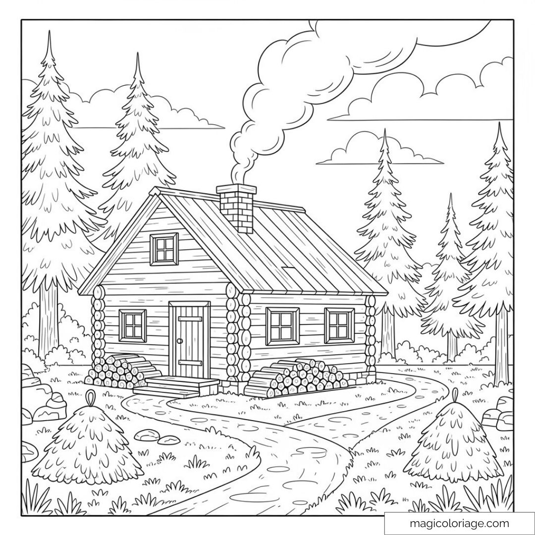Image d'une cabane en rondins entourée de pins dans un cadre forestier