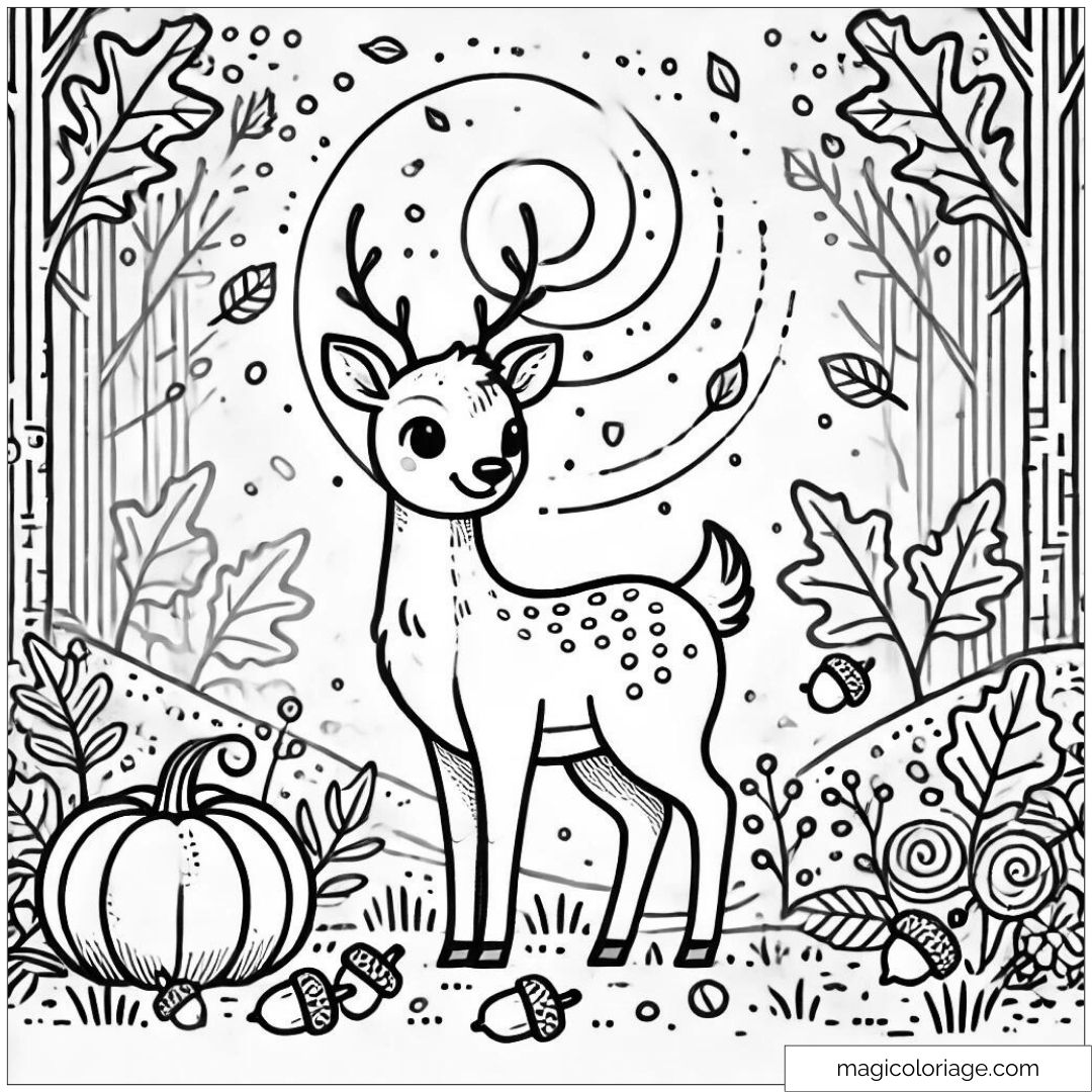 Coloriage d'un cerf dans une forêt avec des feuilles d'automne et des citrouilles, à imprimer pour les enfants.