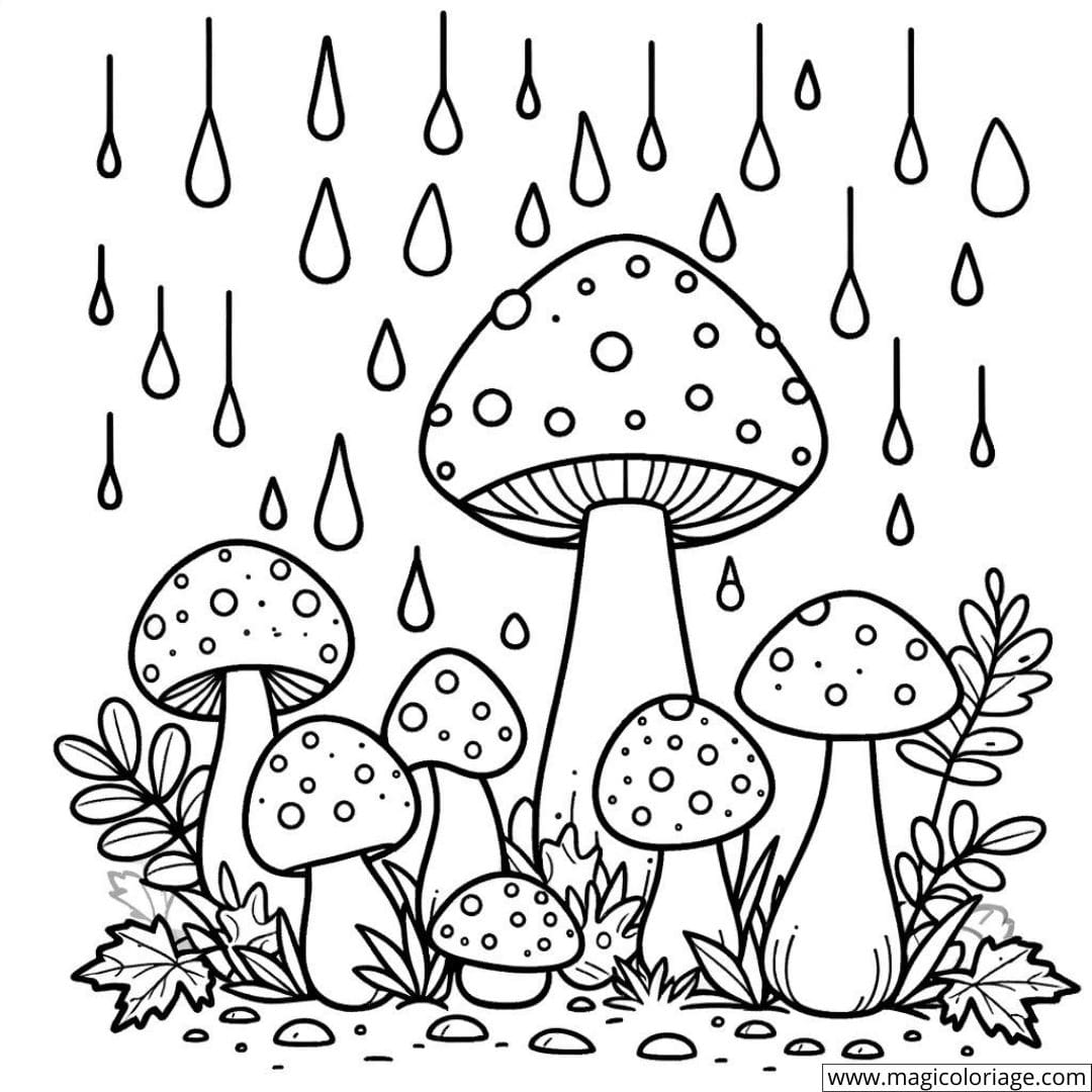Dessin à colorier de champignons sous la pluie en automne