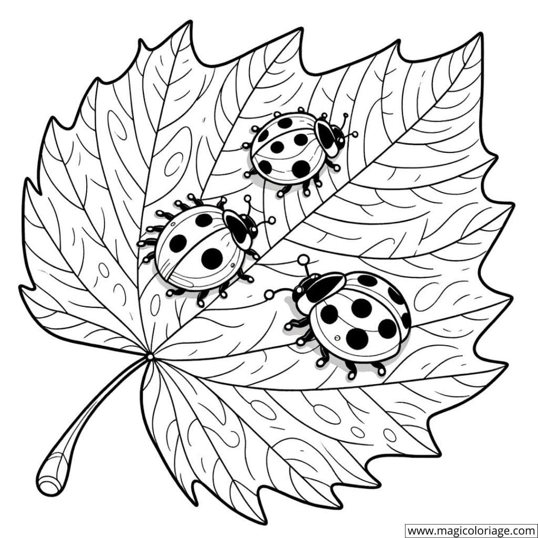 Dessin à colorier de coccinelles sur une feuille d'automne