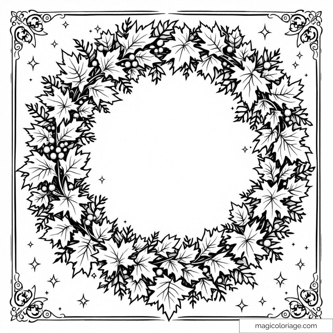 Couronne de feuilles entourée de détails floraux pour coloriage relaxant.