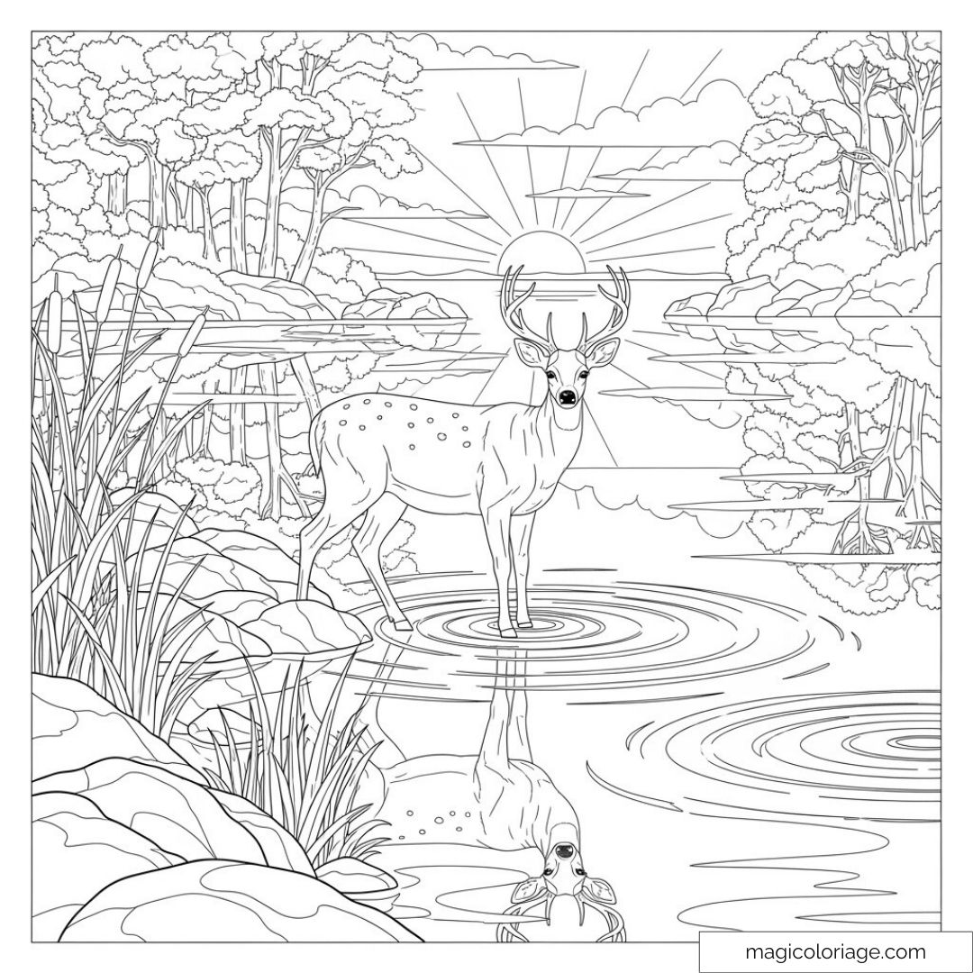Dessin de cerf dans nature avec reflet d'eau et coucher de soleil.