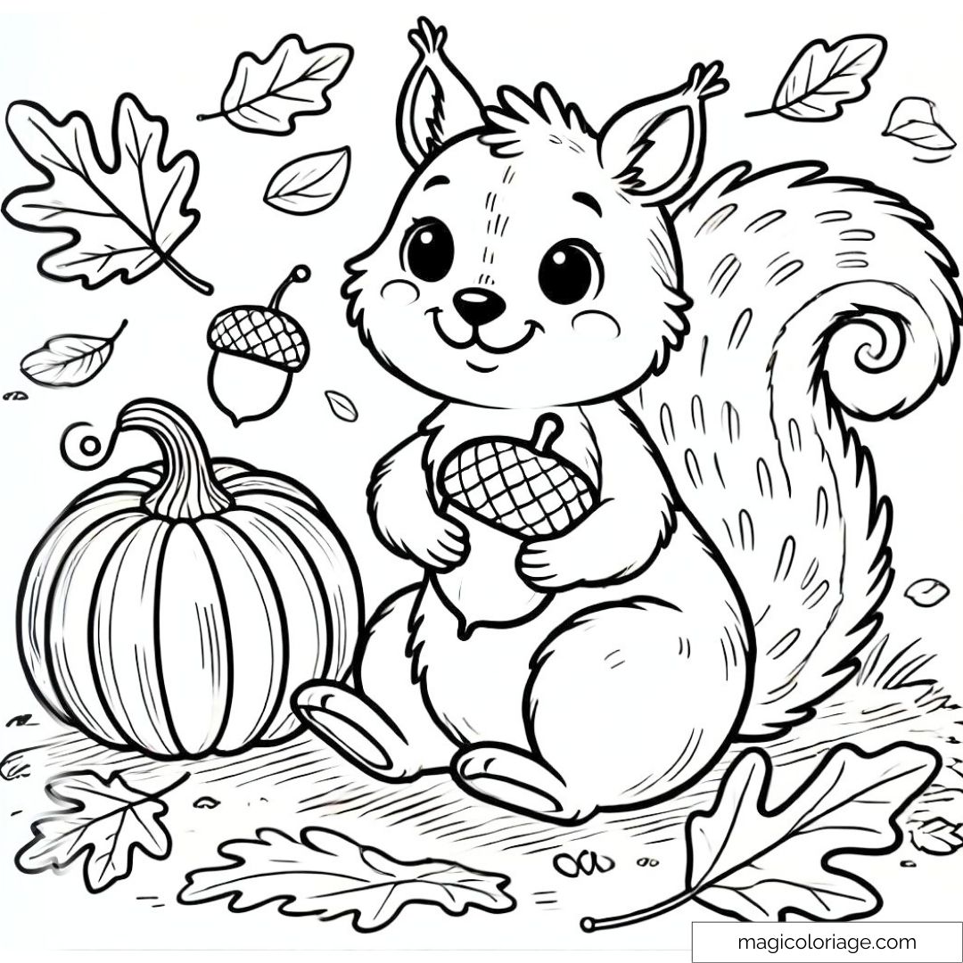 Coloriage à imprimer d'un écureuil avec un gland et des feuilles d'automne, idéal pour une activité créative.