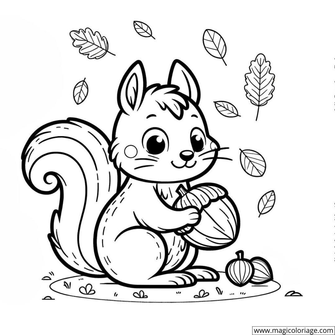 Dessin à colorier d'un écureuil avec une noix en automne