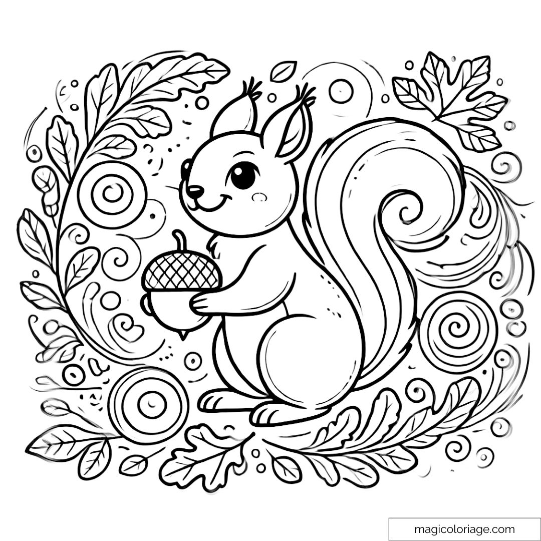 Coloriage écureuil en automne avec des feuilles qui tourbillonnent autour de lui.