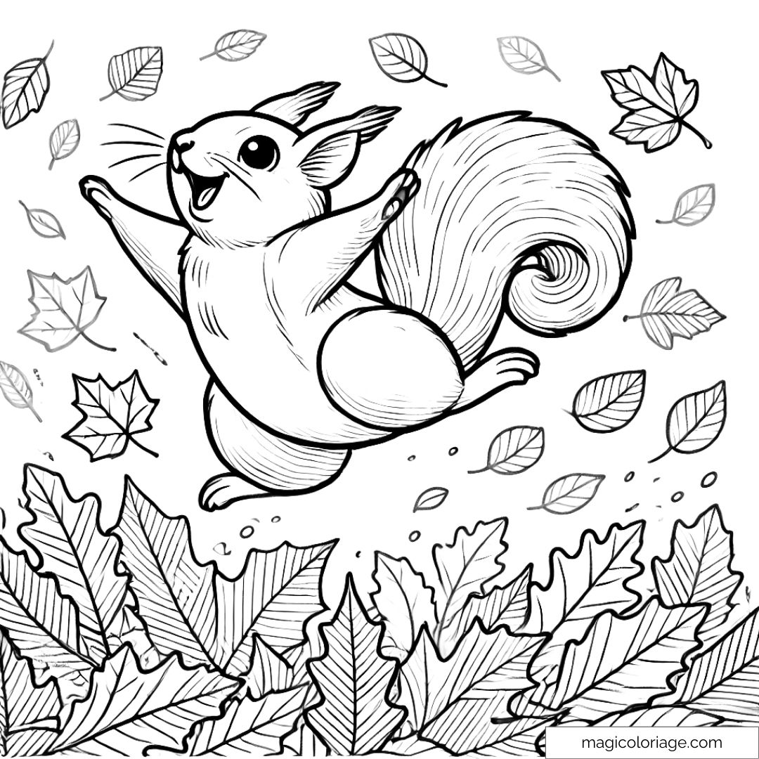 Coloriage d'un écureuil sautant dans des feuilles d'automne, parfait pour les enfants à imprimer et colorier.