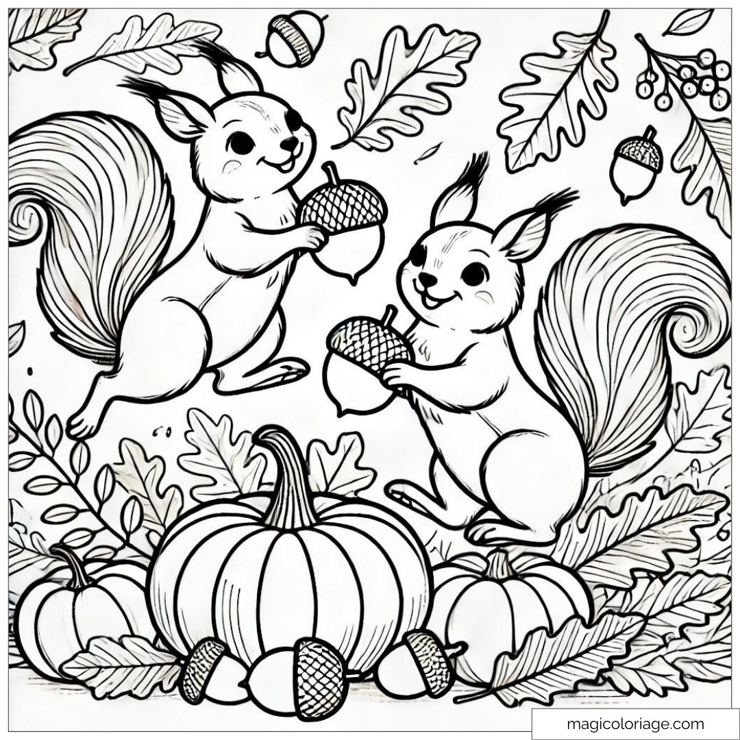 Coloriage d'écureuils sautant dans des feuilles d'automne avec des citrouilles, idéal pour les enfants en maternelle.