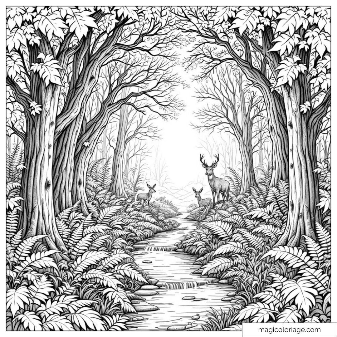 Coloriage forêt avec arbres