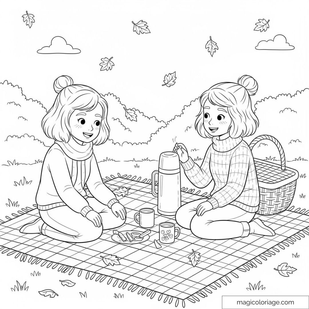 Enfants assis sur une couverture de pique-nique en automne.