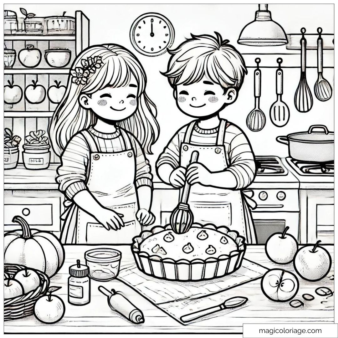 Coloriage de deux enfants en train de préparer une tarte d'automne, avec des citrouilles et des pommes sur la table, à imprimer pour les enfants.