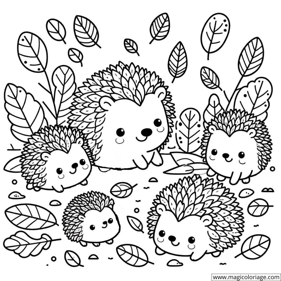 Dessin à colorier d'une famille de hérissons dans les feuilles
