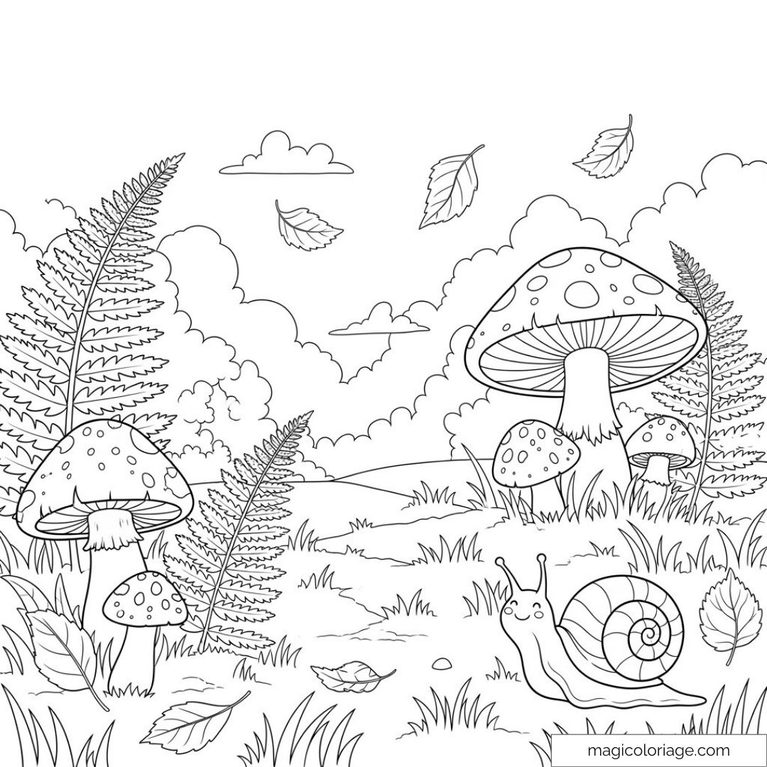 Dessin de forêt avec escargot et champignons magiques à colorier