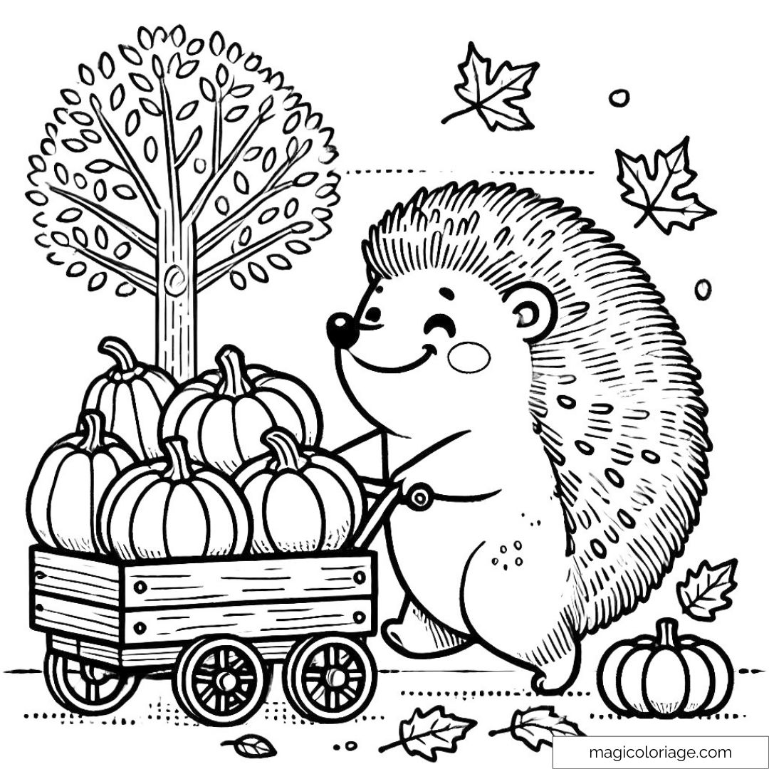 Coloriage d'un hérisson poussant une charrette pleine de citrouilles et de feuilles d'automne, parfait pour les jeunes enfants à imprimer et colorier.