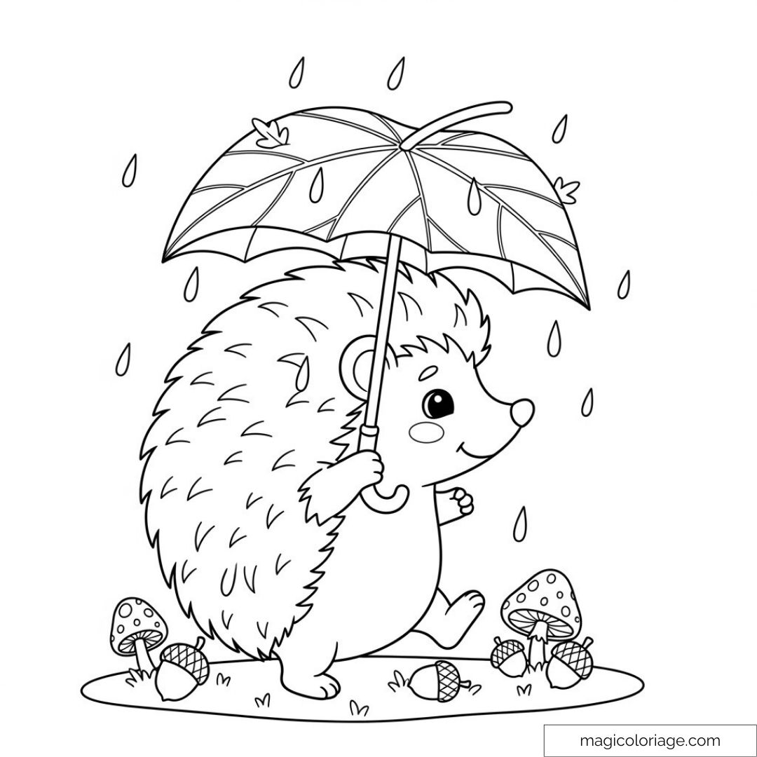 Hérisson souriant tenant un parapluie sous la pluie