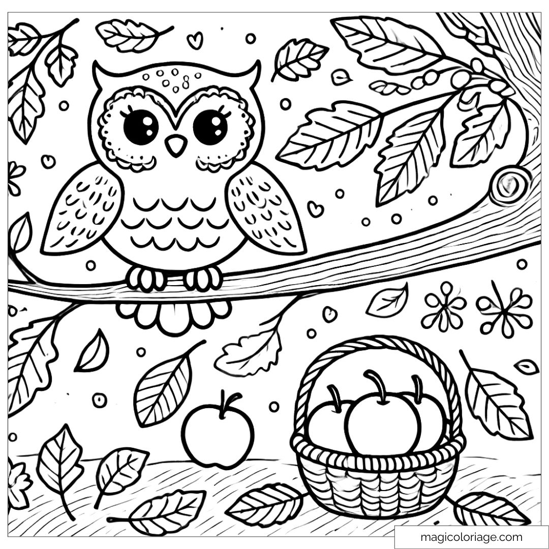 Dessin à colorier hibou d'automne à imprimer, avec des feuilles tombantes et des pommes, pour enfants.