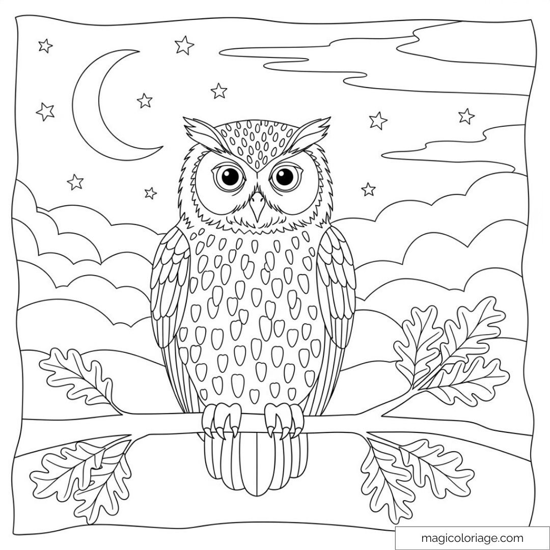 Hibou sur une branche sous la lune avec étoiles et nuages
