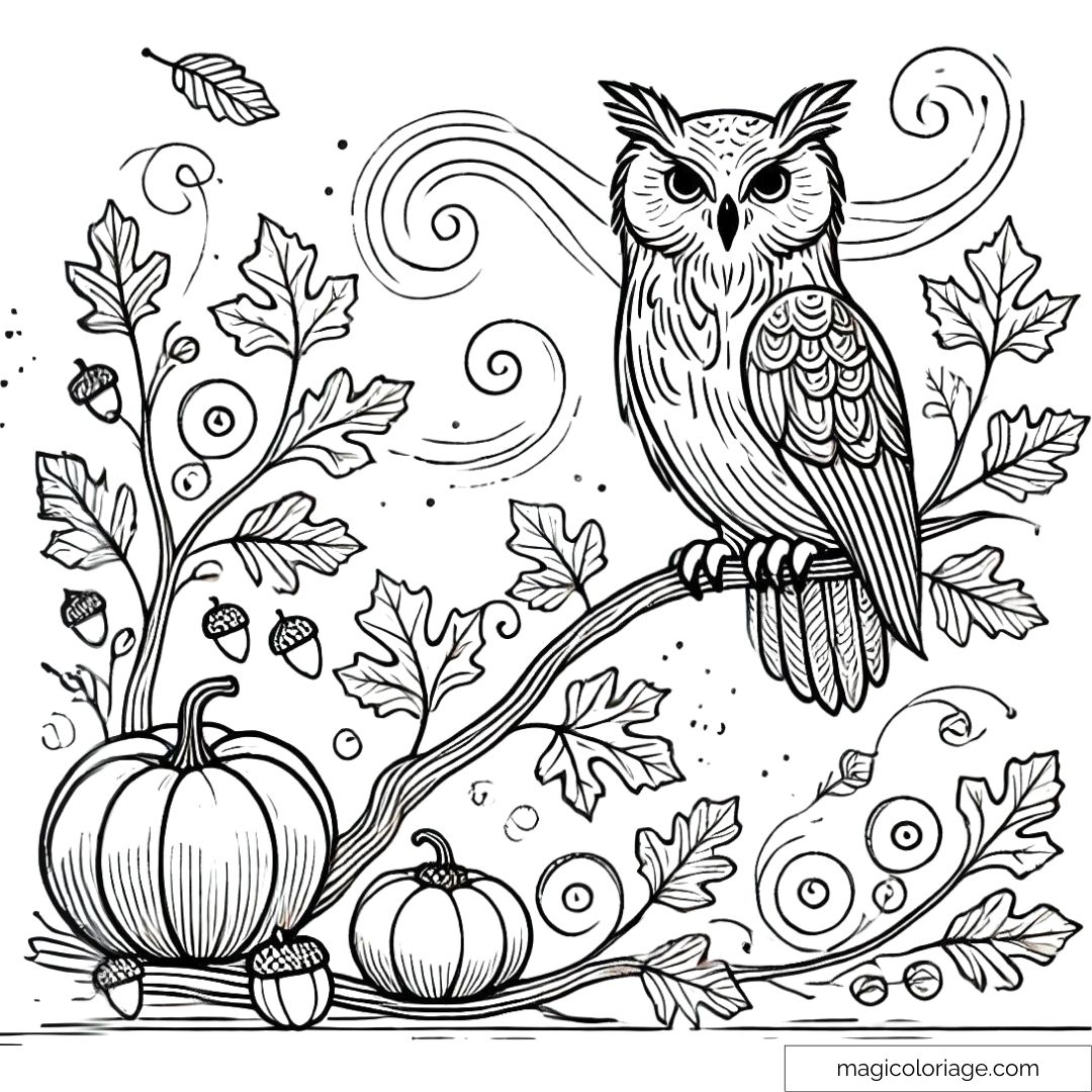 Coloriage hibou sur une branche entourée de feuilles d'automne avec des citrouilles et des glands en dessous, à imprimer pour les enfants.