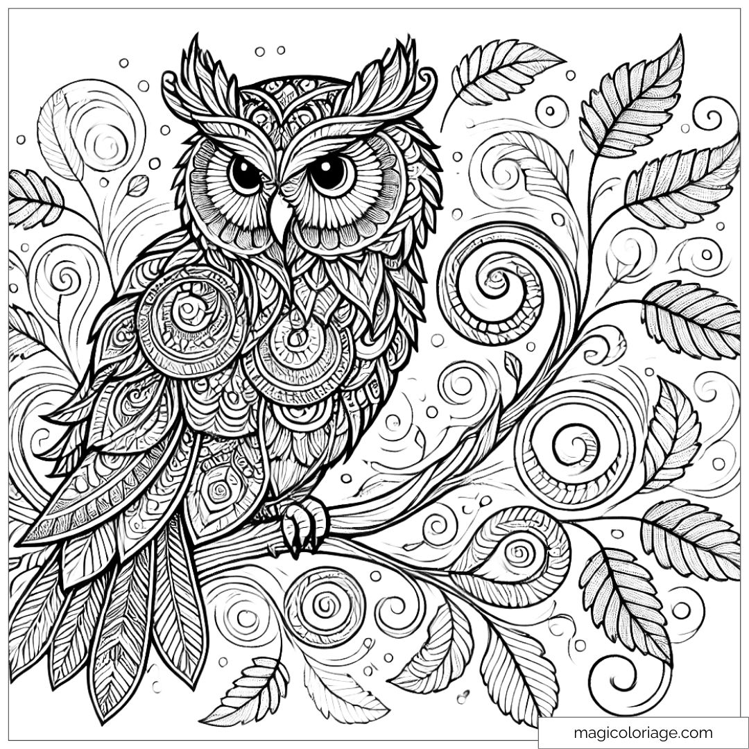 Coloriage hibou sur branche automnale avec des feuilles tourbillonnantes, idéal pour une expérience de coloriage détaillée.