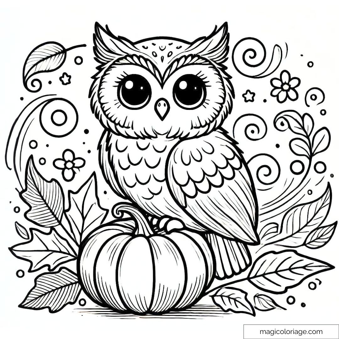 Coloriage d'un hibou assis sur une citrouille avec des feuilles d'automne, à imprimer pour les enfants.