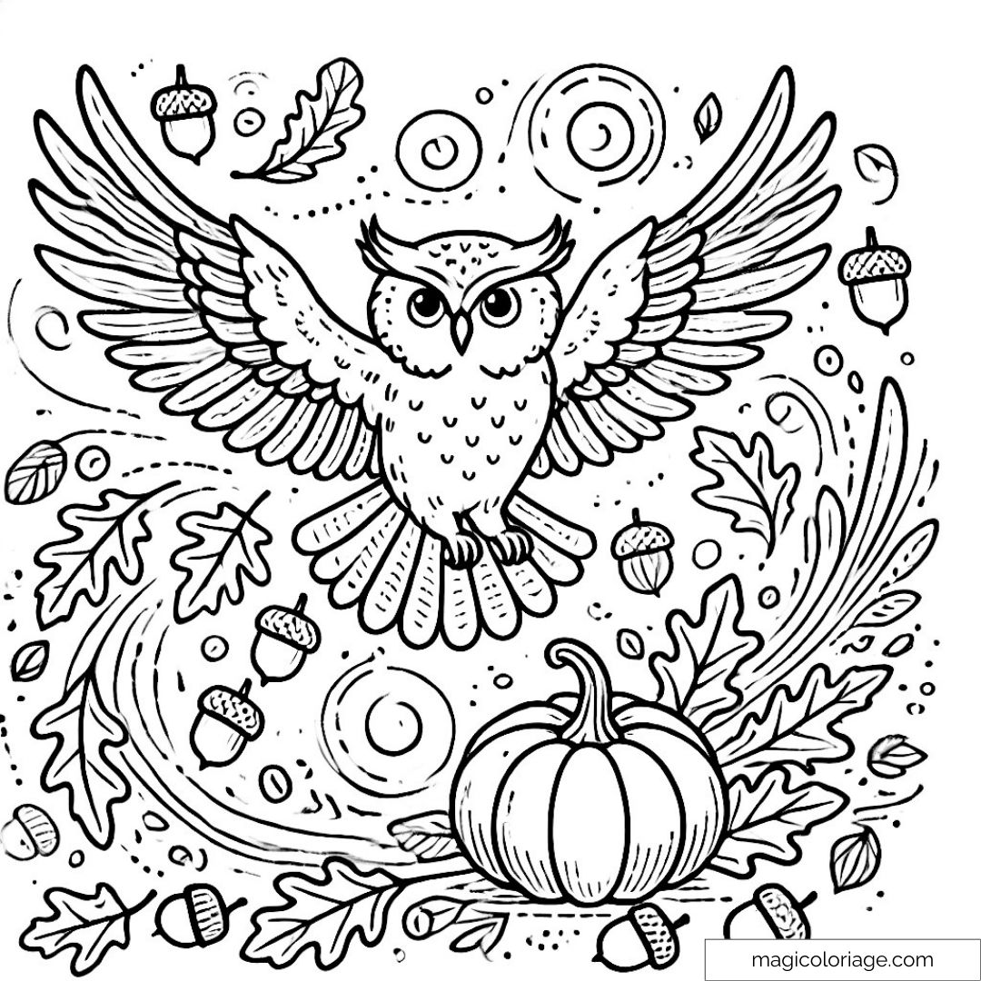 Coloriage d'un hibou volant à travers des feuilles d'automne avec des citrouilles et des glands en dessous, à imprimer pour les enfants.