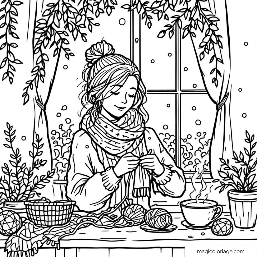Femme tricotant près de la fenêtre en hiver