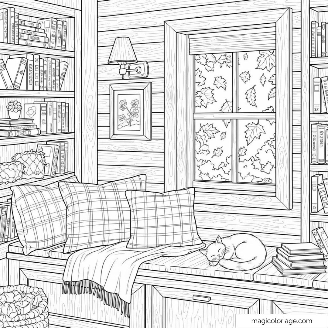 Coin lecture avec chat endormi et livres