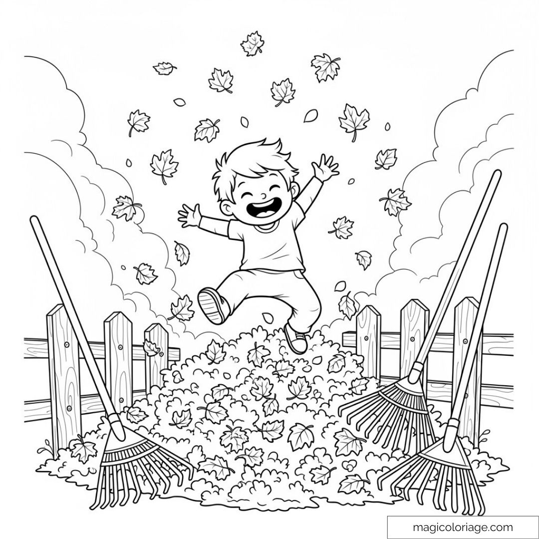 Enfant sautant joyeusement dans des feuilles d'automne.