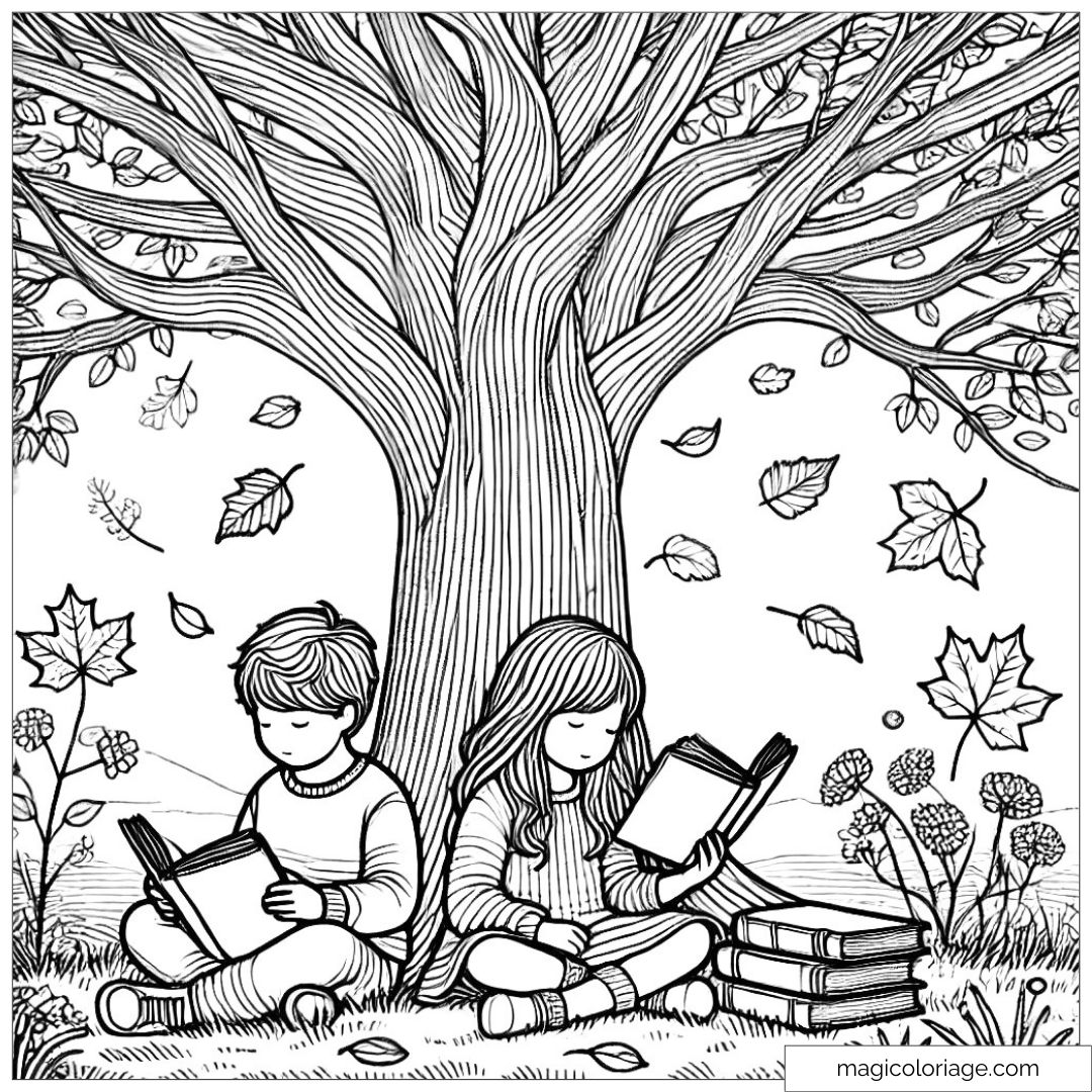 Dessin à colorier de deux enfants assis sous un arbre en automne, lisant des livres tandis que des feuilles d'automne tombent doucement autour d'eux.