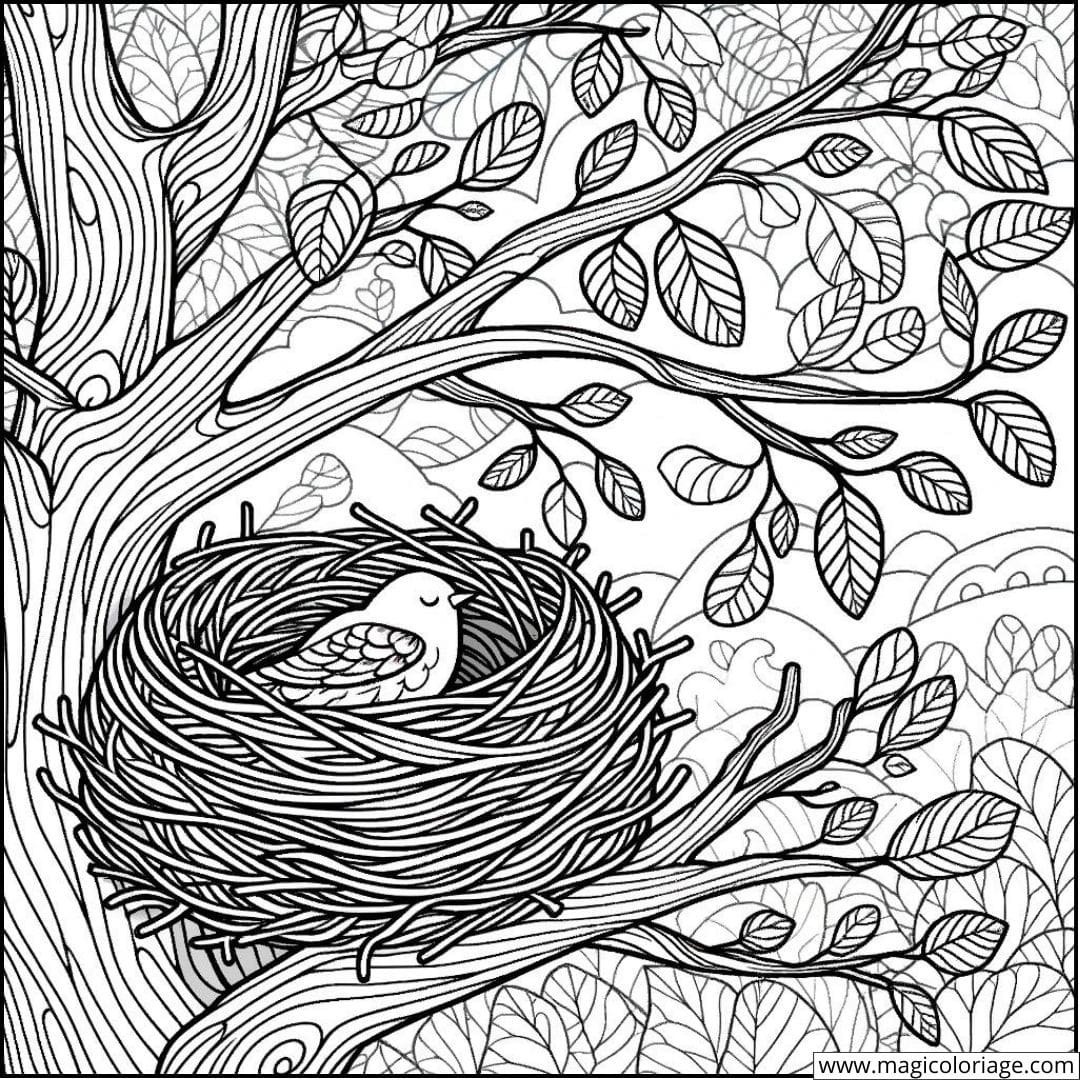 Dessin à colorier d'un nid d'oiseau parmi les feuilles d'automne